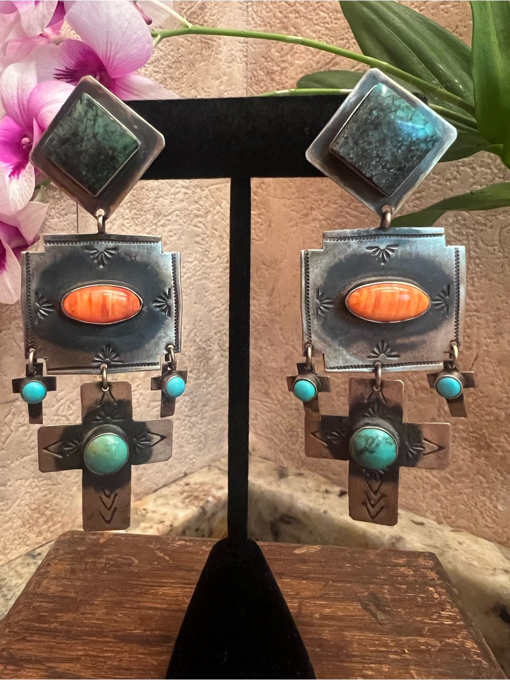 Rita Lee Navajo XL Turquoise Spiny Oyster Sterling Cross Earrings